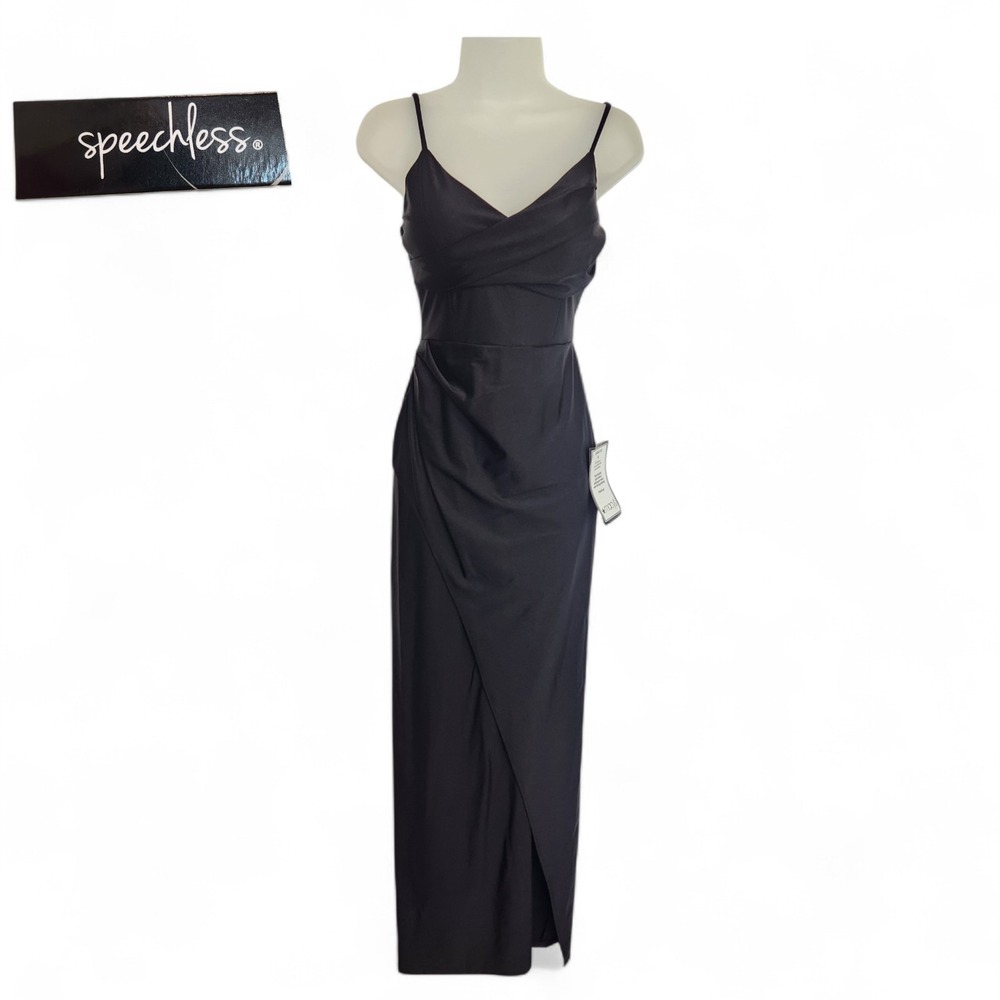 NWT Speechless Black V-Neck Ruched Draped Front Slit Maxi Gown Dress Sz 1 Small